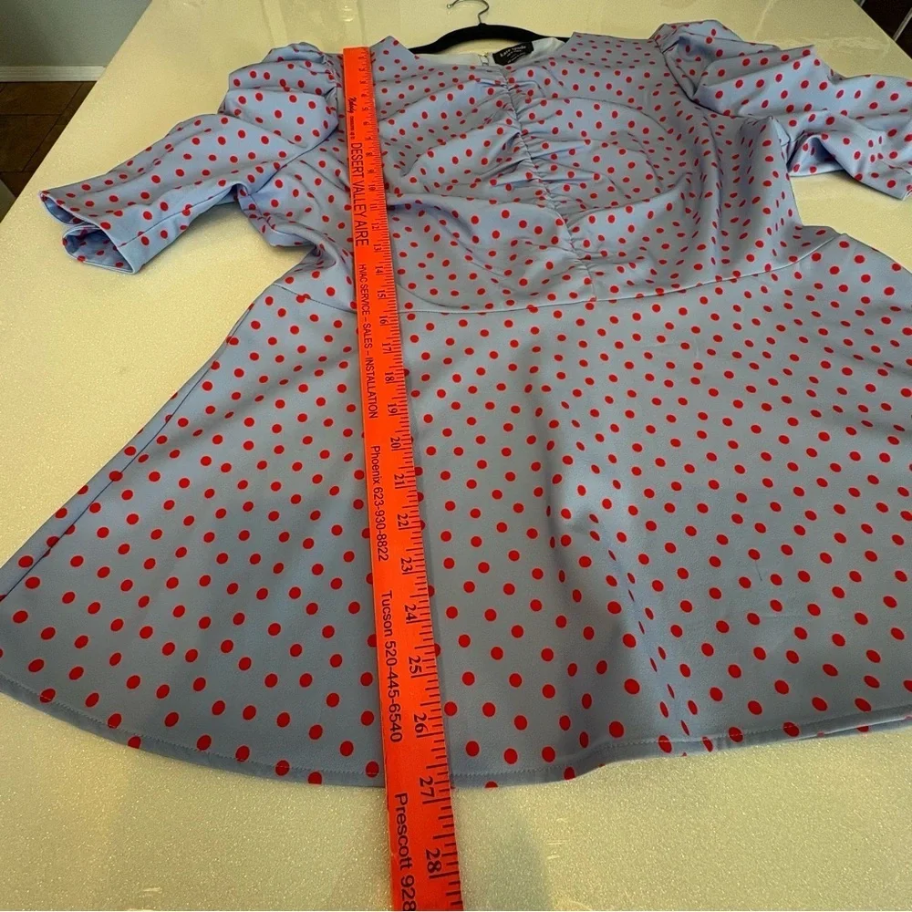 Kate Spade Plus Size 16 Peplum Top Ruched Blue Red Polka Dots Puff Sleeves Zip